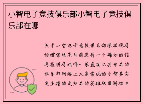 小智电子竞技俱乐部小智电子竞技俱乐部在哪