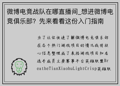 微博电竞战队在哪直播间_想进微博电竞俱乐部？先来看看这份入门指南